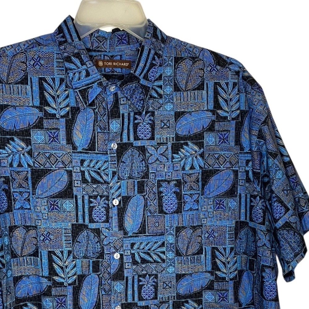 Tori Richard Mens 2XB Blue Pineapple Geometric Cotton Lawn Hawaiian Shirt USA